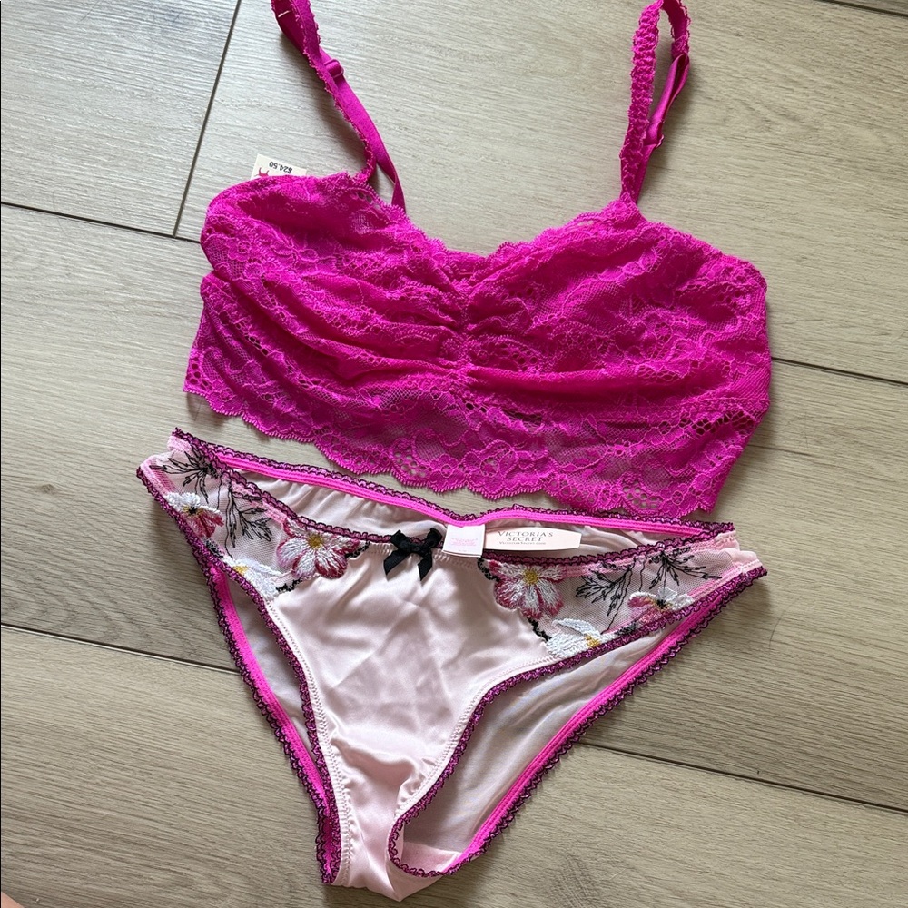 NWT Victoria's Secret Fuchsia Lace Bandeau and Floral Panty Set